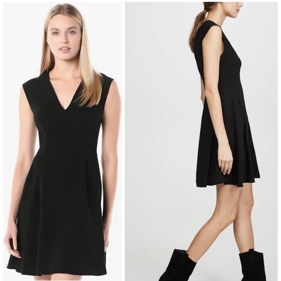 Rent The Runway  Pleated Cap Sleeve Black Crepe V-Neck Fit Flare Career Dress 2 - Picture 1 of 9